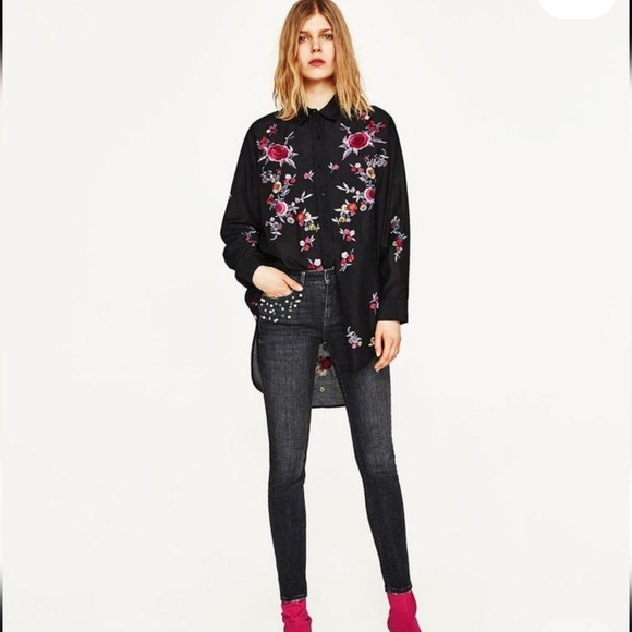 NEW, Zara Black Floral Spanish Shirt Size L - Picture 5 of 7